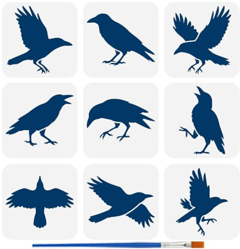 FINGERINSPIRE 9 Stück Raben Schablone Mit 1 Stück Kunststoff Pinsel 15x15cm 9 Stile Krähen Zeichenvorlagen Dekoration Vögel Tiere Schablonen Zum Malen Auf Holz Segeltuch Stoff Mauer Möbel