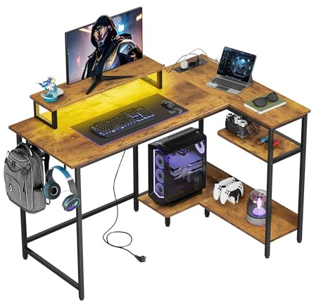 DEVAISE Bureau d'angle en L 120 x 80 cm avec Prises, LED et Étagères de Rangement, Table pour Gaming, Bureau et Télétravail, Marron
