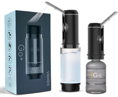 VIKKEN® Go+ max High Pressure Bidet USB-Type C Mobile Electric Rechargeable Handheld Portable Travel Bidet Hygiene Self-Care Ultra Strong Water Sprayer, 550ml Classic Trim | Handheld personal hygiene water jet, men and women; 3 pressure modes, long-press stop; 2 bottles, carry bag