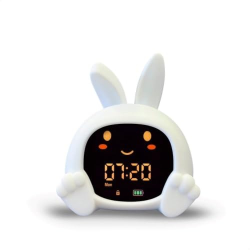 ZAZU Sarah Réveil Éducatif Enfant Rechargeable – Veilleuse LED 5 Couleurs, Machine à Sons, Horloge Jour/Nuit, Réveil Pédagogique avec Yeux, USB Inclus