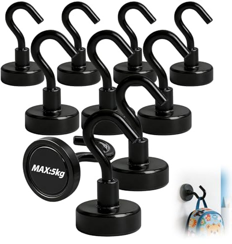 10 Piezas Ganchos Magnéticos, 5kg Imán Extra fuerte Imanes 15mm con Gancho Super Fuerte para Cocina Gadgets Dormitorios Taquillas Oficina Frigoríficos Colgar Luces Decorativas Negro