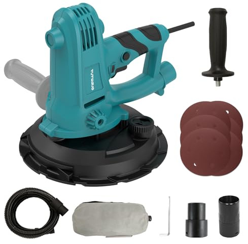 ONEMANA Ponceuse à sec 750 W, ponceuse murale avec aspiration 1500-2700 tr/min, ponceuse électrique pour murs et plafonds, avec plateau de ponçage de 180 mm, aspiration de poussière et nombreux