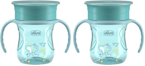 Chicco Vaso Infantil Perfect, Vaso Antiderrame para niños 200 ml, 1 Biberón 12+ Meses para Aprender a Beber, con Membrana de Silicona 360° y Asas Extraíbles, 0% BPA, Azul (Paquete de 2)