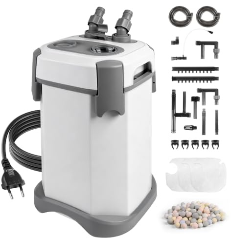 EXLECO Aquarium Außenfilter Einstellbar 1000L/H 12W, für Aquarien 80-160 L | Leiser External Aquarium Filter mit pumpe, Leistungsstarker 4 Stufen Kammerfilter mit Filtermaterial, für Süß und Meerwasser