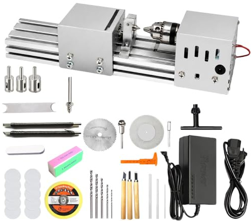 Mini Tour à Bois, Tour à Métaux Électrique 2000-8000 tr/min | 7 Vitesses de Réglage, Tour à Bois pour Tournage, Meulage et Polissage, Mini Tour à Bois avec Accessoires Inclus