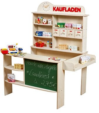 roba Kaufladen, inkl. Zubehör, Holz natur, mit 4 Schubladen, Uhr, Tafel, Theke und Seitentheke