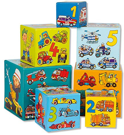 Lutz Mauder – Stapelturm Fahrzeuge, bunter Stapelwürfel aus Karton für Kinder, 10-teiliges Motorikspielzeug, pädagogisches Lernspielzeug ab 12 Monaten, Feuerwehr, Bagger, Traktor, Polizei