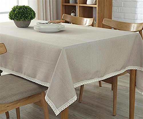 Ommda Tischdecke Leinen Abwaschbar Spitzenkante Tischwäsche Lang Rechteckig Pflegeleicht 110x140cm Beige