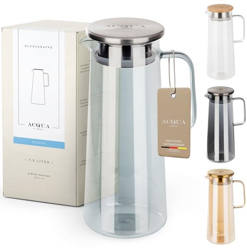 ACQUA DI AMALFI® Glaskaraffe mit Deckel | Wasserkaraffe 1,5 Liter | Glaskanne mit Deckel | auslaufsicher & hochwertig | Karaffe Glas ideal für Limonade, Wasser & Tee (BLUE/STEEL)