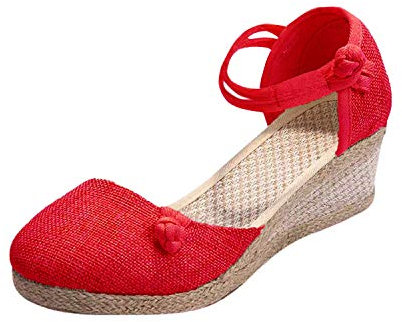 Minetom Espadrille Femme Mode Sandales Compensées Talon Plateforme Lanière Cheville Chic Boucle Sandale Elegantes Talons Hauts Chaussures Rouge 39 EU