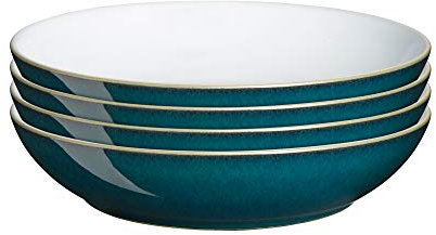 Denby - Greenwich Pasta Bowls Set of 4 - Dishwasher, Oven, Microwave, And Freezer Safe, 1050ml, 22cm - Green, White Ceramic Stoneware Tableware - Chip & Crack Resistant