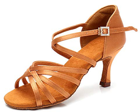 RoseMoli Women's Latin Dance Shoes Satin Professional Ballroom Salsa Practice Performance Dance Shoes Tan-2.8
