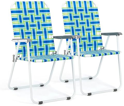 VINGLI Patio Lawn Webbed Folding Chairs Set of 2, Outdoor Beach Portable Lawn Chair Camping Chair Beach Chair for Yard, Garden Dining (Blue, Classic)