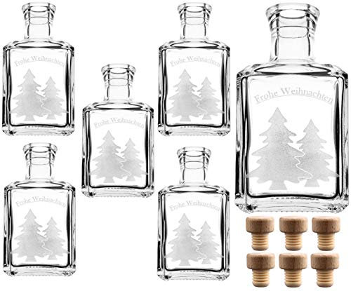 gouveo 6er Set 250 ml Glasflaschen Cube mit Gravur Tannen und Korken (HGK) - Leere Flaschen für Weihnachten - Kleine Flaschen zum Verschenken