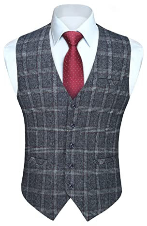 HISDERN Gilet da Uomo Blu Elegante Classico Panciotto Uomo in Cotone Formale Casual a Quadri Scozzese Senza Maniche da Cerimonia con Tasche 2XL