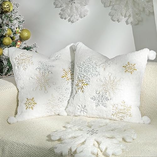 Lewondr Dekorative Kissenbezüge, 2 Stück 45x45CM Plüsch Kissenbezüge mit Schneeflocken Stickerei & Plüsch Pompom, Quadratische Boho Kissenbezüge für Party Haus Büro