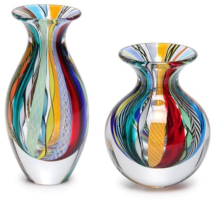 Cá d'Oro Coppia Piccoli Vasi di Vetro Boho con Canne Colorate Vetro Artistico In Stile Murano Soffiato A Mano - Modelli Nº 2/3