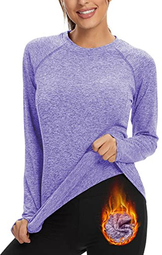 Soneven Fleece Thermo Laufshirt Langarmshirts Sportshirt Damen Langarm Atmungsaktiv Funktionsshirt Damen Langarm Pullover mit Daumenlöche Running Longsleeve Sportoberteile Herbst Hell Lila M
