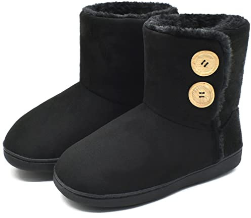 KuaiLu Hohe Hausschuhe Boots Damen Winter Fell Gefütterte Hausstiefel Frauen Warme Flauschige Plüsch Hüttenschuhe Kuschel Geschlossen Hausschuhe Stiefel Hausboots Kuschelhaussschuhe Schwarz 42-43 EU