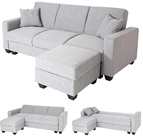 Mendler Sofa HWC-H47 mit Ottomane, Couch Sofa Gästebett, Schlaffunktion Stauraum 217x145cm - Stoff/Textil hellgrau