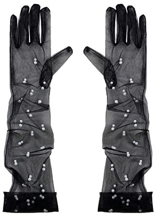 Mrotrida Women's Pearls Tulle Bridal Gloves Wedding Sheer Mesh Long Gloves Black, Black