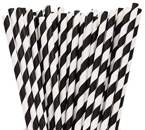WedDecor Compostable Paper Straws – Durable, Non-Soggy, Food-Safe – Striped, Multi-Layered for Long-Lasting Use – Perfect for Juice, Coffee, Party & Events, Black & White, 25pcs