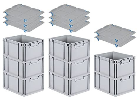 PROREGAL SuperSparSet 8x Eurobox NextGen Grip mit Auflagedeckel & 4 blauen Schiebeschnappverschlüssen, HxBxT 22x30x40cm, 20 L, Grau, Griffe geschlossen, Eurobehälter, Transportbox