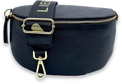 Bauchtasche mit breitem Gurt Damen schwarz Gold, Leder Crossbody Bag mit breitem Taschengurt, Gürteltasche, Brusttasche, Bum Bag (Lieblings)