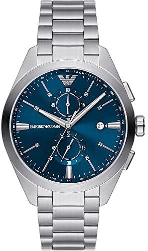 Emporio Armani Watch For Men, 2 sub dial Chronograph Movement and 43mm Case Size with Stainless steel, Leather or Silicone strap Silberton und Aquablau , 43MM
