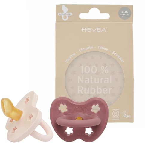 HEVEA Naturkautschuk Schnuller Kiefergerechte Form, 3-36 Monate - hygienisches einteiliges Design für Neugeborene bis Kleinkinder, BPA-frei, weich & langlebig - 2Pack (Puderrosa & Kirschrot)