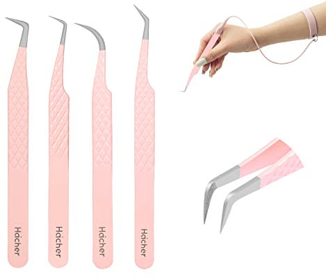 HAICHER Lot de 4 pinces à épiler avec pointe en fibre pour extensions de cils, volume de 90 degrés, pince à épiler et bracelets à pince (rose)