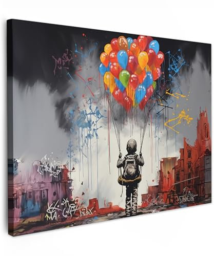 MuchoWow© Leinwand Bilder 70x50 cm Wanddeko Wohnzimmer Aesthetic Room Decor Deko Zimmer Wandbilder Modern Fotogeschenke Banksy - Street Pop Art - Junge - Luftballons - Gebäude - Kunst