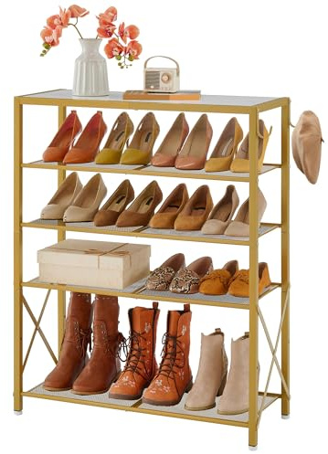Tajsoon 5 Tier Closet Shoe Rack for 16-20 Pairs of Shoes, Free Standing Shoe Racks with 2 Hooks, Metal Mesh Shoe Storage Entryway, Shoe Shelf Organizer with X Shape Fixed Frame, White & Gold