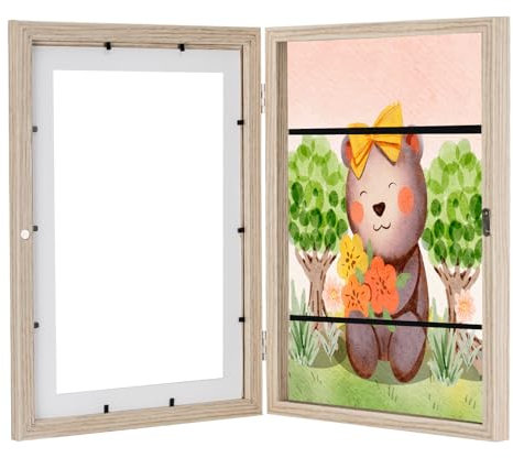 Kodilin A4 Bilderrahmen Kinderzeichnungen,kinder kunst bilderrahmen zum öffnen, A4 aufklappbar Frontöffnung Bilderrahmen Kinderbilder,Befüllbarer Wechseln Kunstfotorahmen(1pc,wood)