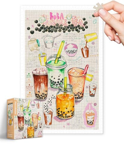 PieceRelax 1000 Pieces Plastic Jigsaw Puzzle for Adults - Lucile Prache - Bubble Tea - Challenging Extra Small Pieces, No Mat Needed, Relaxation & Gift [H3339]