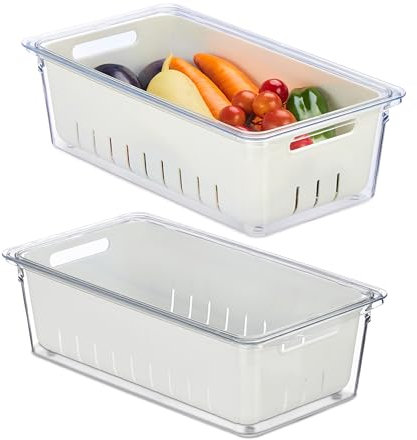Relaxdays Kühlschrank Organizer, 2er Set, stapelbar, Abtropfkorb, Lebensmittel Organizer mit Deckel, transparent/weiß