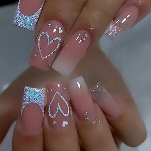 Ceboic Valentine's Day Medium False Nails Coffin, 24Pcs Pink Glitter Press on Nails Full Cover Acrylic Fake Nail, French Nail Tips Natural Artificial Stick on Nails for Women Girls Wedding Birthday