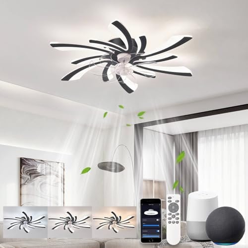 LJX Lampadario Ventilatore 78cm Ventilatore da Soffitto con Luce Compatibile Alexa Timer Silenzioso Reversibile Plafoniera Ventilatore per Camera da Letto Soggiorno, Nero