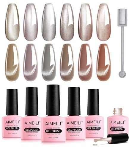 AIMEILI Magnetic Gel Nail Polish Set with Magnetic Stick, 6pcs Moonlight Ceramic Cat Eye Gel Nail Varnish UV LED Nail Art Manicure Pedicure, Easy to Apply 8ml - Gift Kit 58