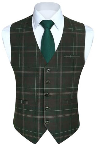 HISDERN Waistcoats for Men Green Formal Tartan Waistcoat Check Suit Vest with Pockets for Wedding Party M