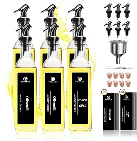 SAEIV Set de Bouteilles en Verre pour Huile D'olive - 6 Bouteilles 250ml avec Bec Verseur - Distributeur de Vinaigrette