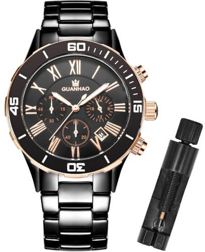 GUANHAO Black Keramik Herrenuhren, Multifunktionszifferblatt, Leuchtkalender wasserdicht, großes Zifferblatt Quarzuhren für Männer, Herren-Business-Uhren mit Keramikband 40mm