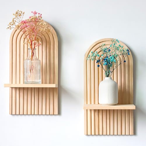 YiYa 2 Pcs Wood Shelves for Wall Decor Modern Boho Wall Shelf Arch Wood Floating Shelf Bohemian Hanging Shelf Display Shelving for Hanging Plants Photo for Living Rooms Bathroom