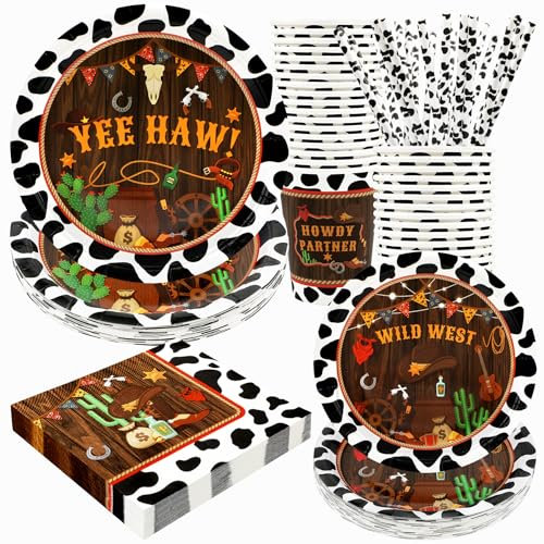 Western Birthday Party Supplies Dekorationen, Cowboy-Wilder Westen-Thema, Geburtstagspappteller und Servietten, Set mit Tassen und Strohhalmen für 24 Gäste, 120 Stück, Einweg-Party-Dessert-Geschirr