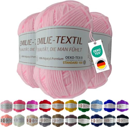 Emilie-Textil Premium Polyacryl-Garn 3X100g 20 Farben OEKO-TEX zertifiziert für Babys/Allergiker, Garn zum häckeln und stricken (3, Rosa)