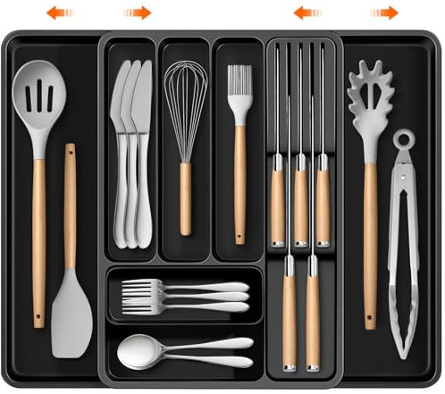 Spardar Utensilien-Schubladen-Organizer, erweiterbarer Küchenutensilien-Organizer mit 8 Fächern, Besteck-Organizer mit abnehmbarem Messerhalter, passend für Küche, Schlafzimmer, Wohnzimmer