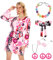 Ulikey Déguisement Hippie Femme, Costume Hippie Chic Femme Année 70, avec Robe Rose, Bandeau, Couronne, Collier, Boucles d'Oreilles et Lunettes, Accessoire Femme Costume d'Halloween Carnaval (XXL)
