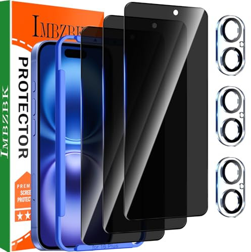 IMBZBK 3 Pack Privacy Screen Protector for iPhone 16 Plus Tempered Glass Accessories 3 Pack Camera Lens Protector, Case Friendly Anti Spy Screen Cover Film for Apple 16 Plus, Full Coverage