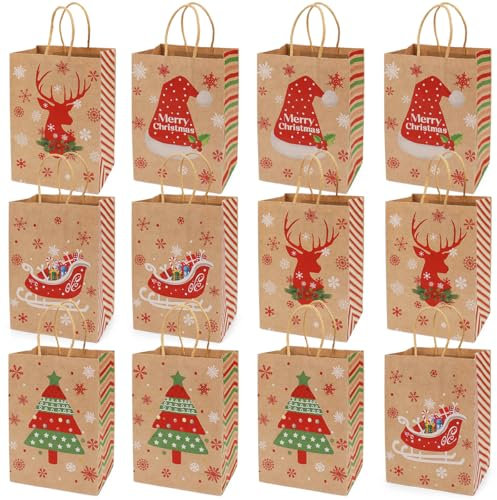 12PCS Weihnachtsgeschenktaschen 4 verschiedene Arten Taschen kraftpapiertaschen mit Griffen Weihnachts Taschen mit Weihnachtsdrucken für Weihnachtsgeschenkverpackung Weihnachtsfeierzubehör