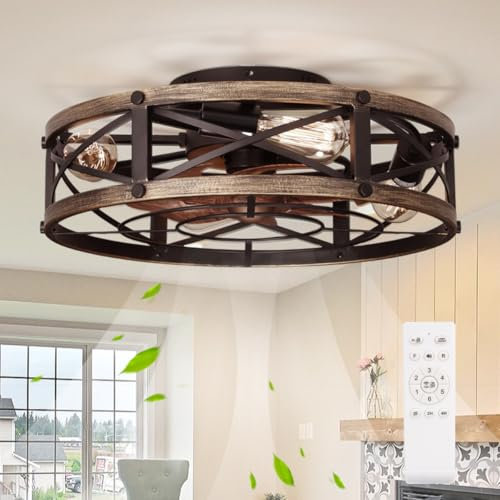 SHLUCE 19 Farmhouse Flush Mount Caged Ceiling Fans with Lights, 6 Speeds, Rustic Low Profile Ceiling Fan with Light and Remote, Small Bladeless Ceiling Fans with Lights for Kitchen, Bedroom - ETL